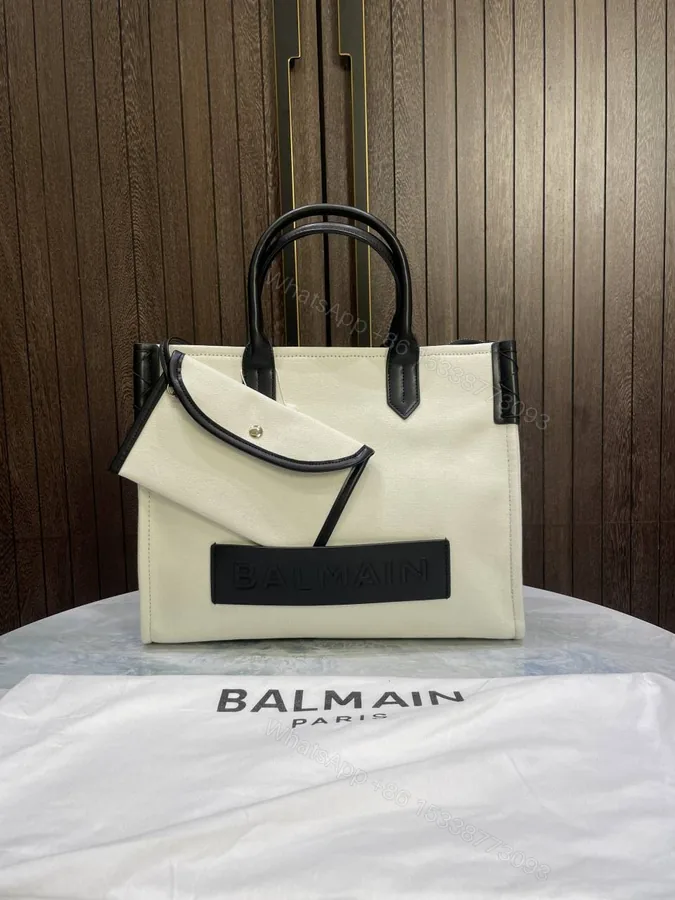 View 1 of First Copy Balmain Paris White Structured Tote Bag With Black Trim And Premium Finish