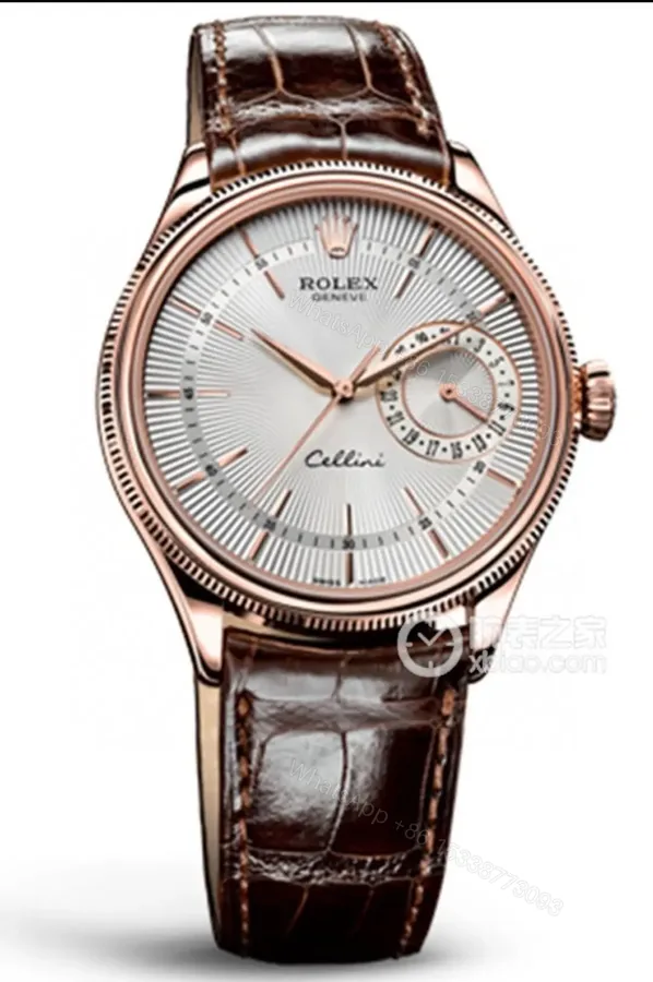 View 1 of Best Rolex Cellini Calendar 50529 replica 39MM White Dial Brown Leather Strap Edition RG-CELLINI-CALENDAR-50529-WHITE-LEATHER