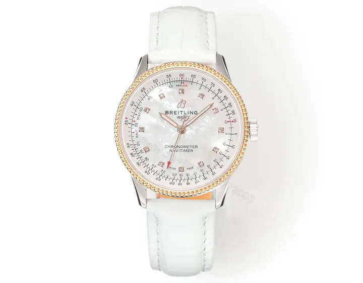 View 1 of JF Factory Breitling Women’s Navitimer Automatic Chronograph Watch – White Mother-of-Pearl Dial, Stainless Steel Case, White Leather Strap