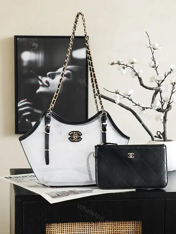 View 1 of White & Black Quilted Tote Mini Clutch with Gold Chanel Logo