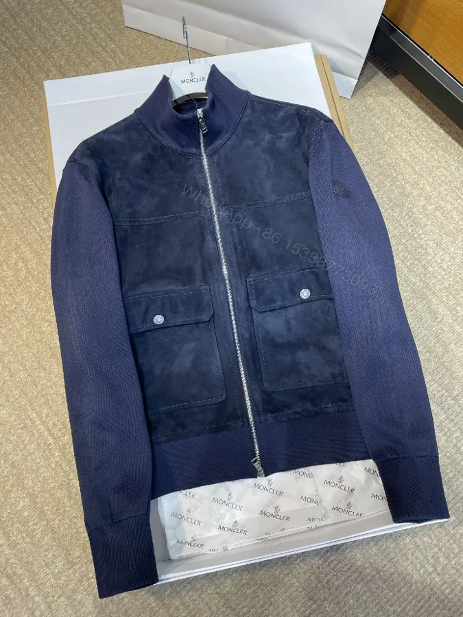 View 1 of Navy Suede-Texture Hybrid Jacket with Knit Sleeves