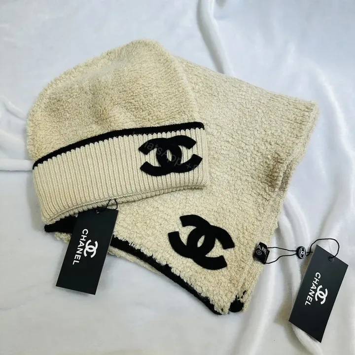 View 1 of Chic Logo Plush Scarf & Beanie Set â€“ Cream/Black, Cozy Luxury