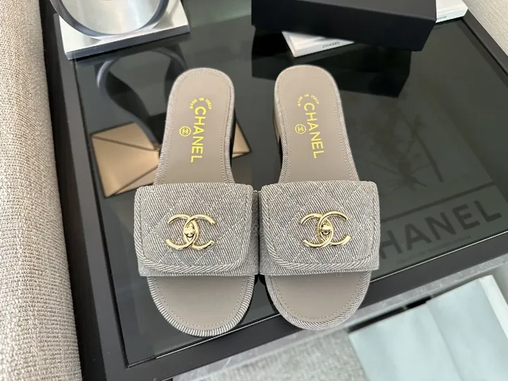 View 1 of Soft Denim Slides + Denim Texture + Minimalist Luxury + Gold Emblem + Slides