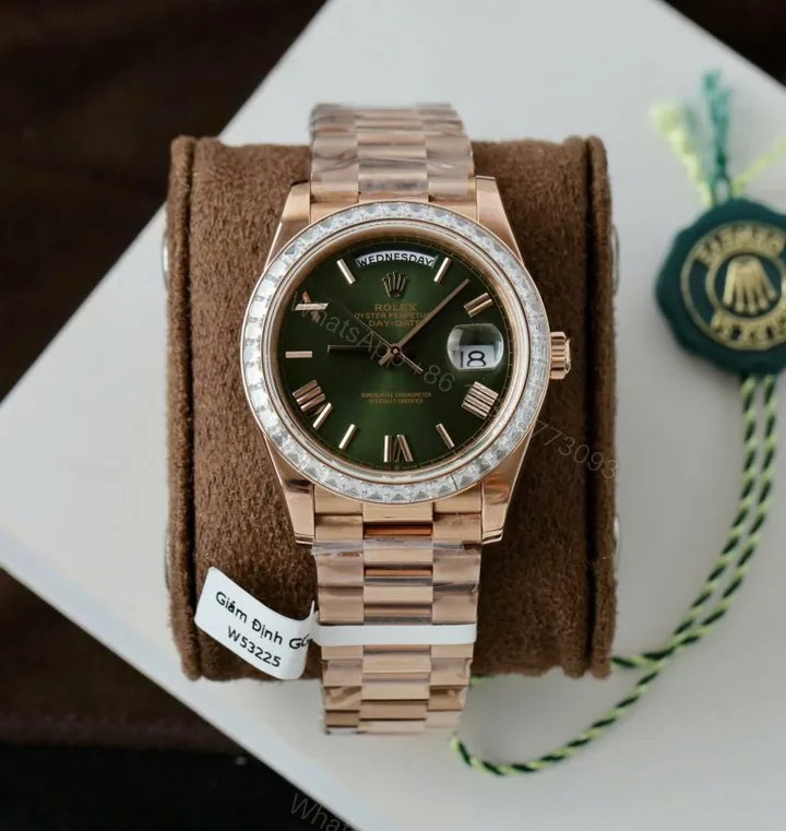 View 1 of Rolex Day-Date 40mm Super Clone Green Dial Gold Wrapped + Moissanite Baguette Diamonds