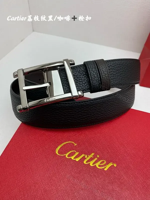 View 1 of Black Leather Belt Textured Grain with Silver Square Buckle - Cartier Style