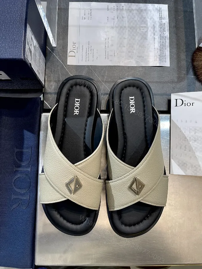 View 1 of Soft-Textured Leather Slides with Subtle Metal Hardware for Everyday Luxury