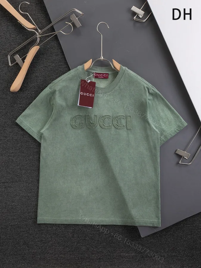 View 1 of Gucci高仿短袖T恤男士水洗綠色立體刺繡LOGO潮感設計款
