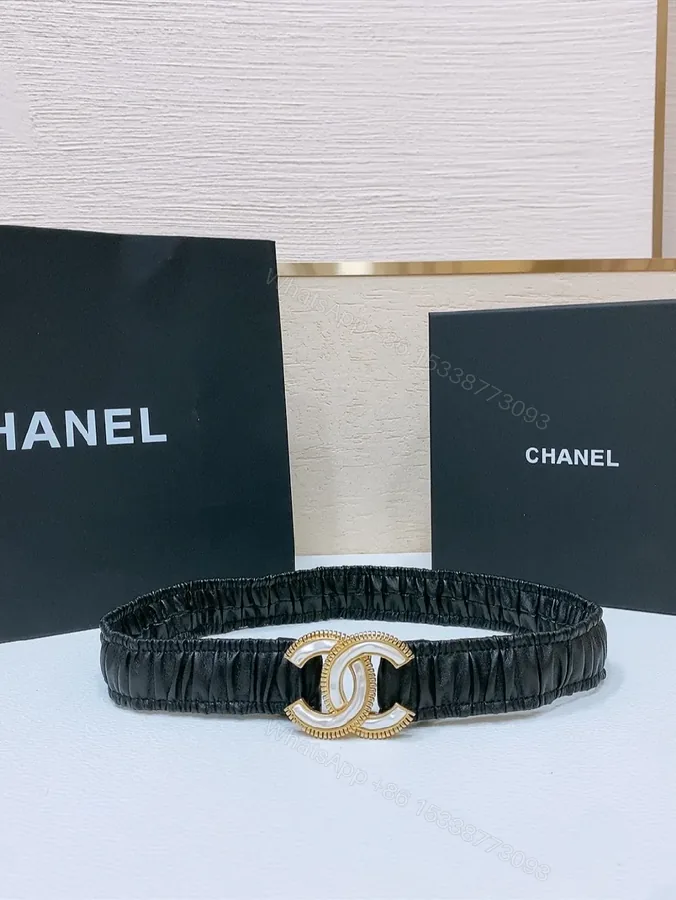 View 1 of Black Pleated Belt with Gold Logo Buckle