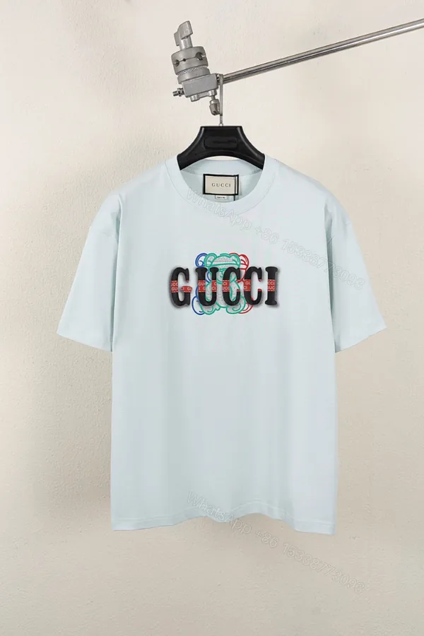 View 1 of Gucci高仿短袖T恤 薄荷藍 LOGO疊層刺繡設計 夏季人氣款