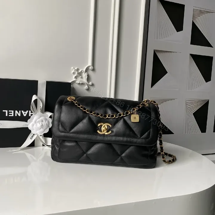 View 1 of Compact Quilted Black Chain Bag - Gold Hardware