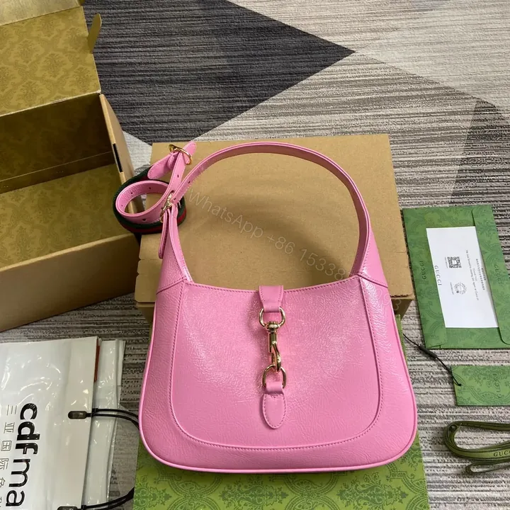 View 1 of JACKIE SMALL SHOULDER BAG 27 IN PINK CRACKED LACQUER GOLD HARDWARE