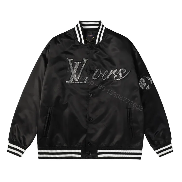 View 1 of LV高仿黑色亮面棒球外套 鑽飾Logo字母設計款