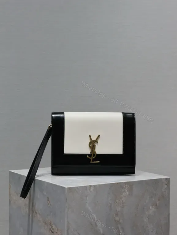 View 1 of Structured Leather Crossbody Clutch: Black/Ivory, YSL Hardware, Day-to-Night