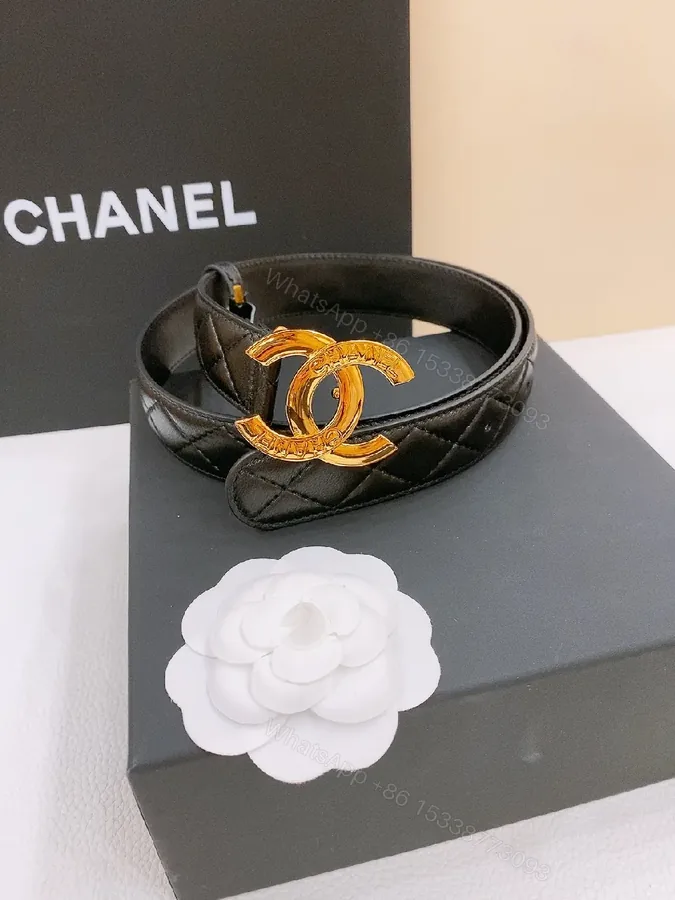 View 1 of Black Quilted Leather Belt with Gold Double-C Logo Buckle