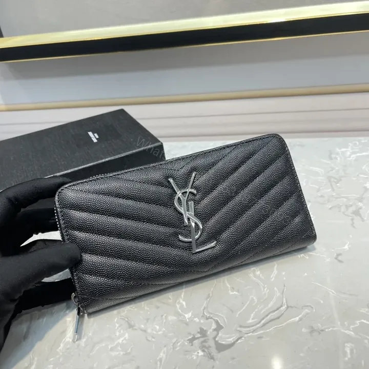 View 1 of Chevron-Quilted Leather Wallet with YSL Monogram â€“ Sleek Everyday Luxury