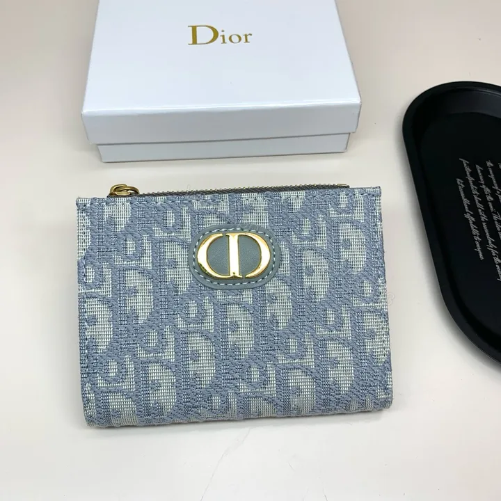 View 1 of Dior高仿卡夾 淺藍Oblique帆布 女用金CD標識設計拉鍊短夾