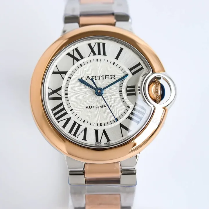 View 1 of JF Factory Cartier Ballon Bleu Automatic Watch – Rose Gold and Stainless Steel, Dark Yellow Dial, Roman Numerals, Blue Hands, 10mm Thick, Quick Release Leather Strap, Model 845565xx3489