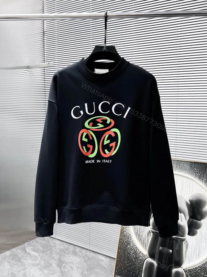 View 1 of Gucci高仿男士圓領衛衣 黑色立體GG綠紅標示義式設計款