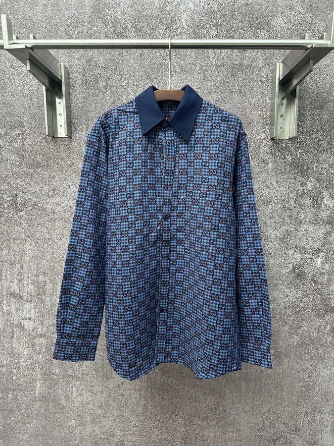 View 1 of Gucci高仿藍色GG滿版長袖襯衫寬版剪裁復古時尚風格