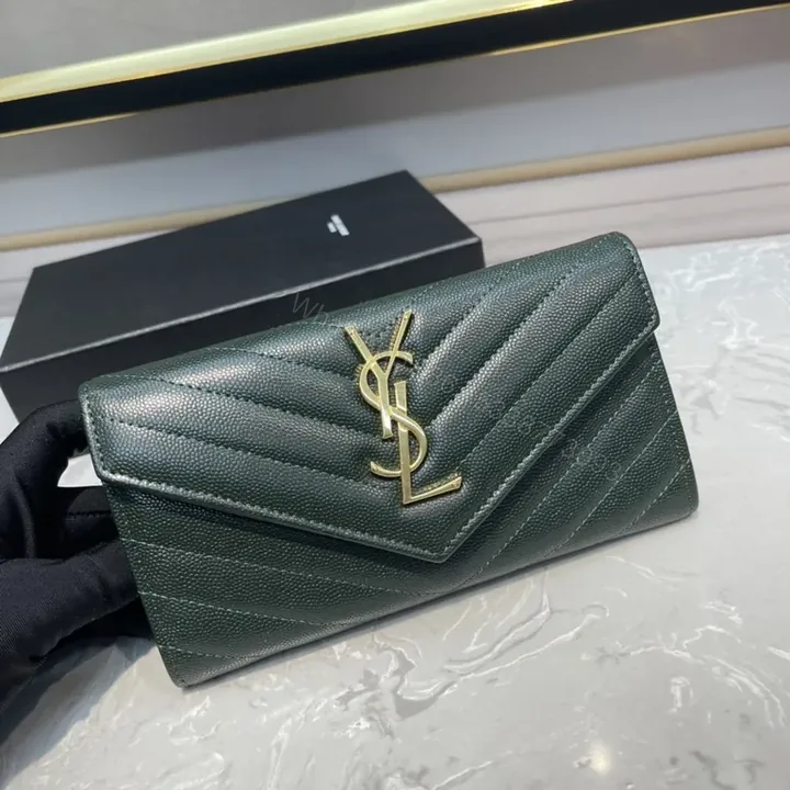 View 1 of Emerald Chevron Leather Wallet by YSL, Compact Luxury