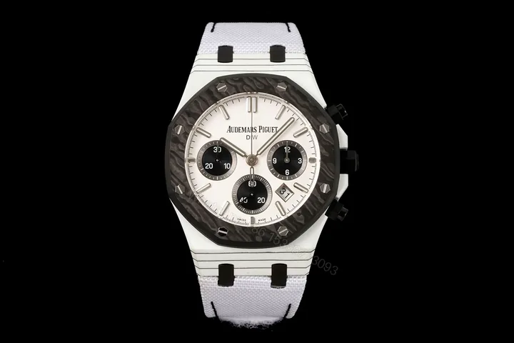 View 1 of Audemars Piguet Replica Royal Oak Chronograph 42MM Premium Carbon Bezel White Strap Edition AP-RO-CB-WHT-42