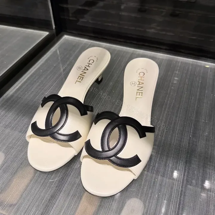 View 1 of Beige Leather Slides Black Logo Chanel Style Sandals