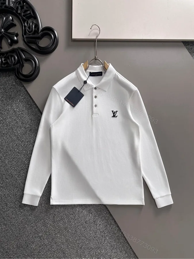 View 1 of LV A貨男士白色Polo領長袖上衣 翻領排扣經典刺繡款