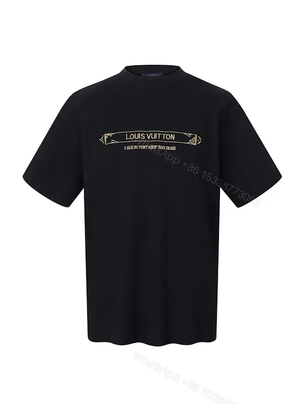 View 1 of Black Cotton Graphic Tee with Gold Logo Bar