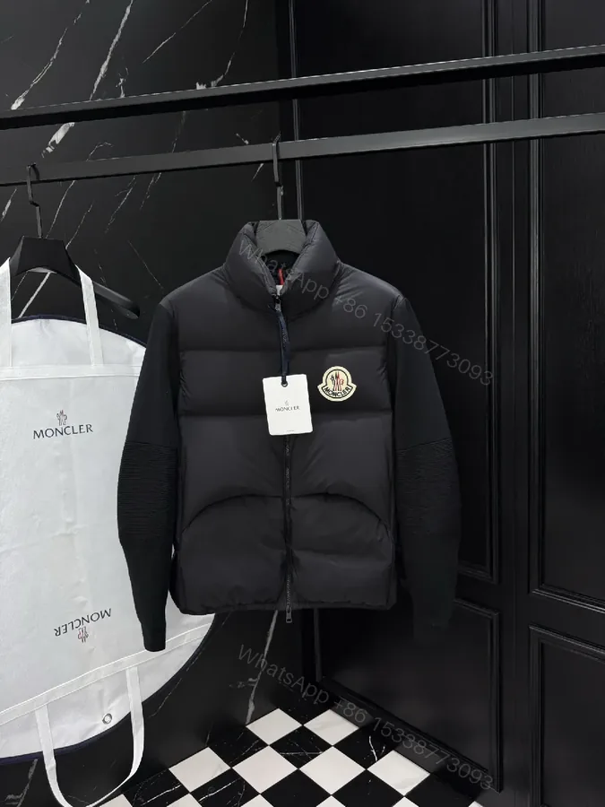 View 1 of Black Nylon Puffer Jacket with Ribbed Sleeves, Modern Luxe Outerwear