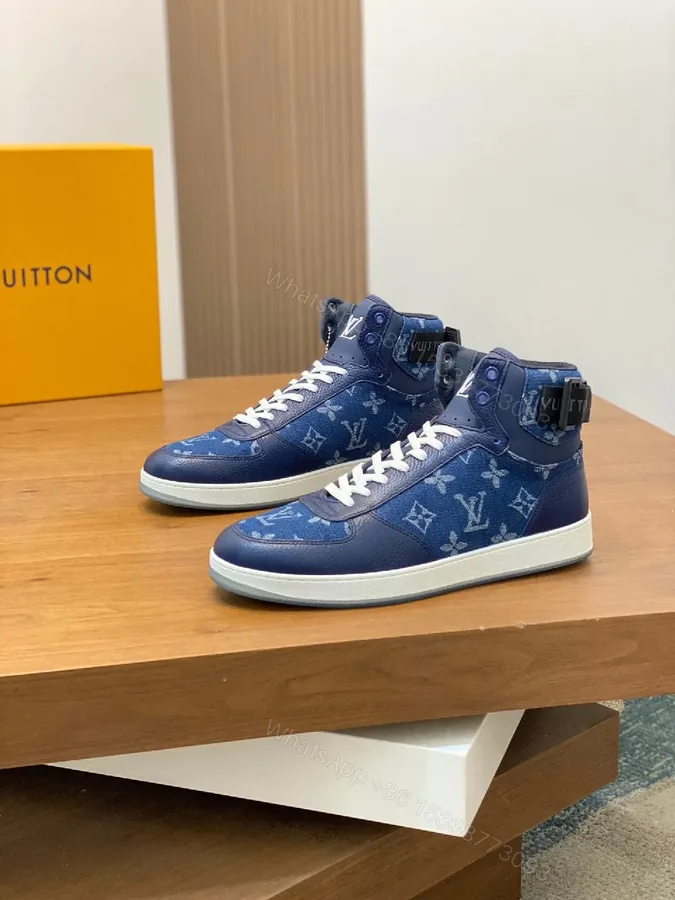 View 1 of Blue Patchwork Leather-Textile High-Top Sneakers with Monogram Feature