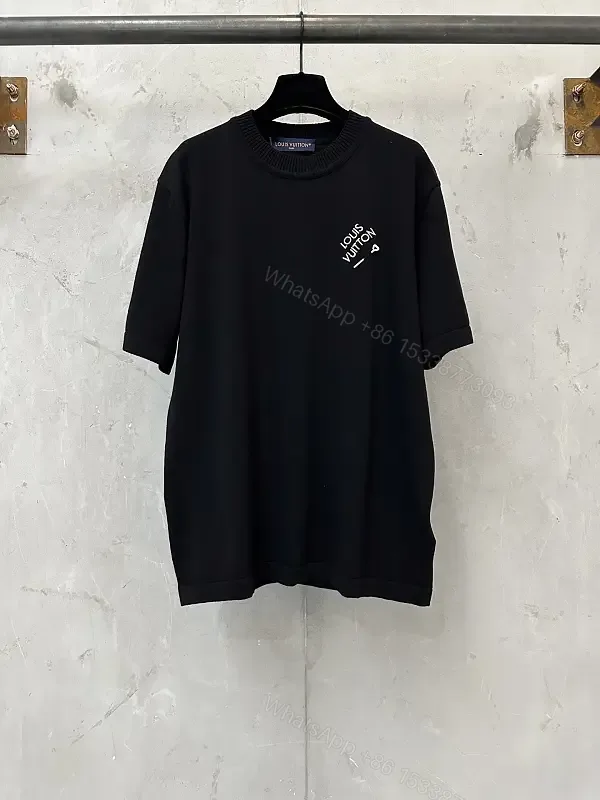 View 1 of Black Plain Knit Short-Sleeve Crew-Neck T-Shirt with Logo Accent