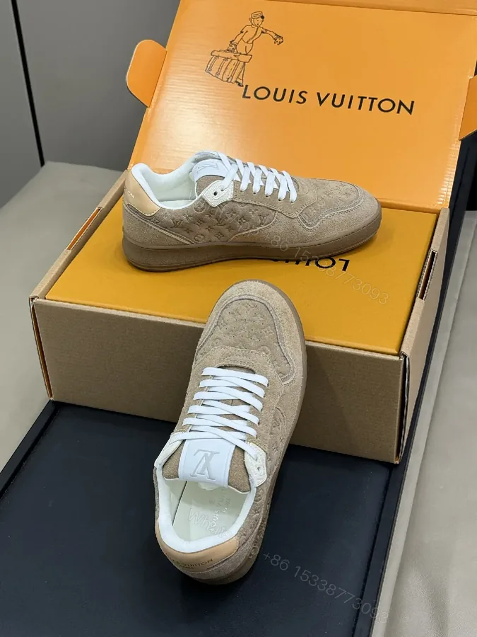 View 1 of Low-Top Luxe Sneaker: Taupe Suede, Monogram Textured Comfort