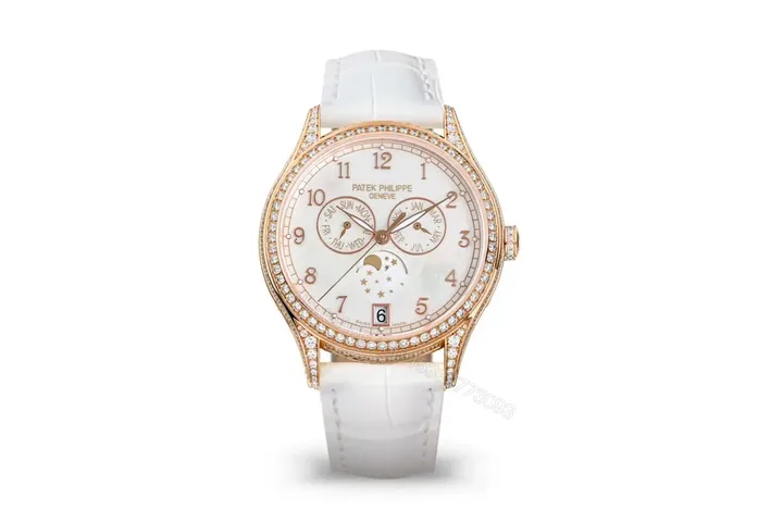 View 1 of Patek Philippe Complications Collection Ladies’ Annual Calendar Moon Phase Watch in Rose Gold with Diamond Set Case White Mother of Pearl Dial and Italian Leather Strap