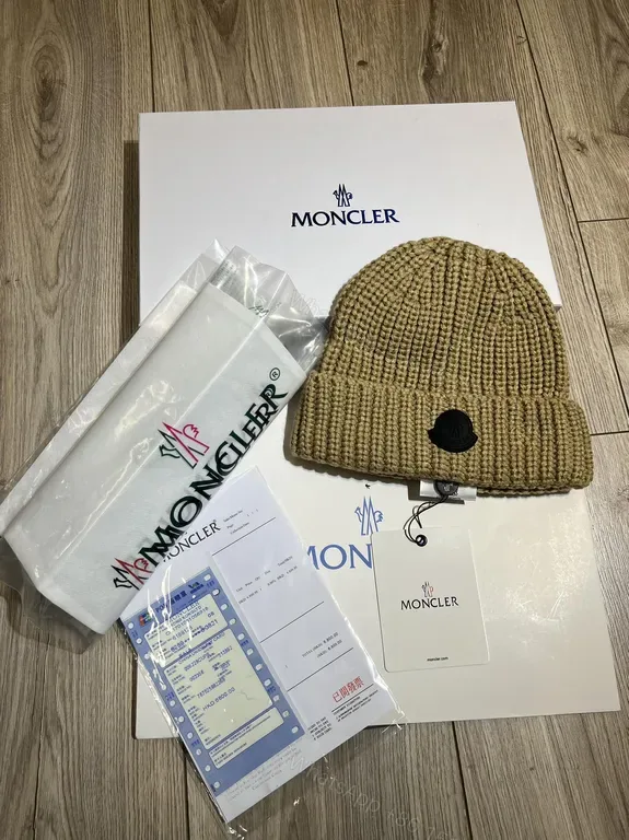 View 1 of Caramel Knit Beanie: Moncler Ribbed Wool Style, Logo Patch, Unisex