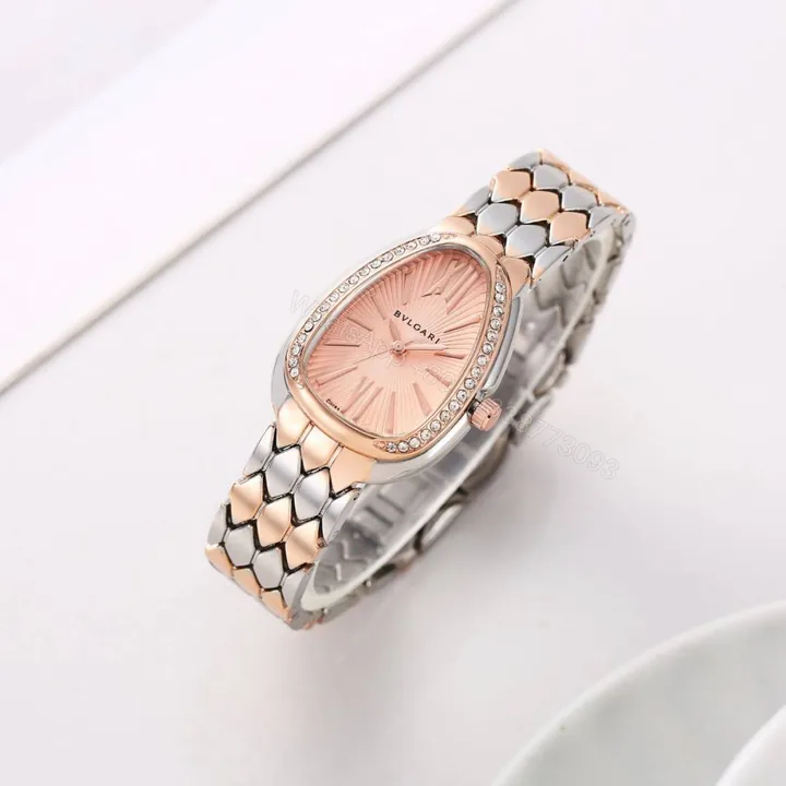 View 1 of First Copy Bvlgari Serpenti Silver Rose Gold Peach Dial Diamond Bezel Women’s Analog Watch