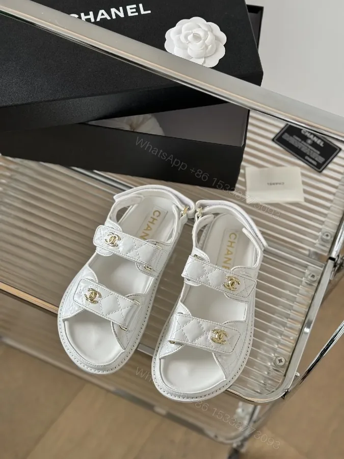 View 1 of White Leather Sandals with Gold Hardware, Quilted Strap Comfort