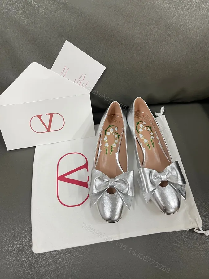 View 1 of Valentino Women Silver Leather Bow Detail Flats