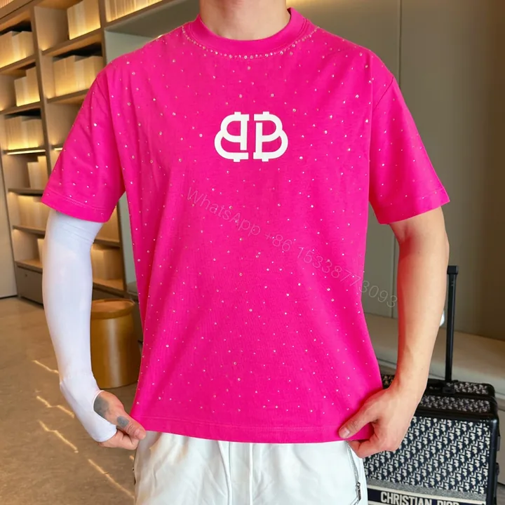 View 1 of Balenciaga 一比一T恤 男款玫紅滿鑽BB LOGO寬鬆短袖