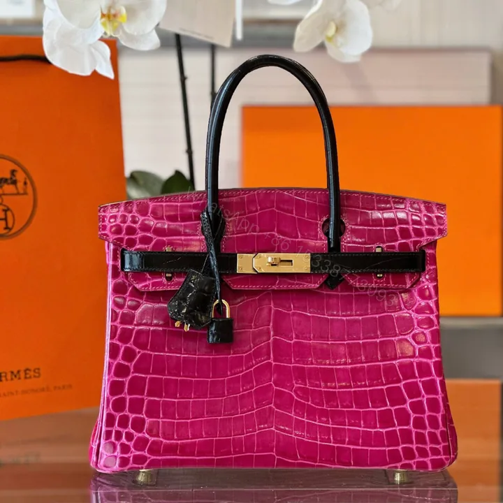 View 1 of Hermes Birkin Pink/Black Genuine Crocodile Leather Gold Hardware – Custom Made