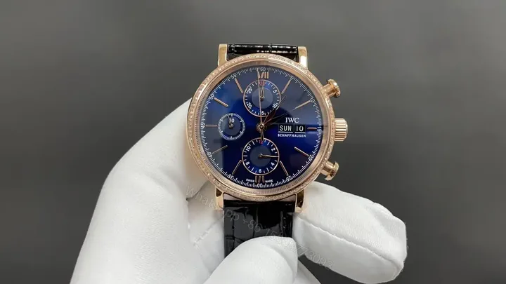 View 1 of IWC Blue Chronograph Watch Rose Gold Leather Strap Ultimate 42MM IWC-CHR-BLU-RG42-L