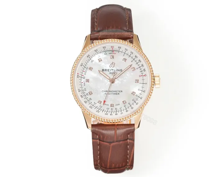 View 1 of Breitling Women’s Navitimer Automatic Watch – Rose Gold with Brown Leather Strap