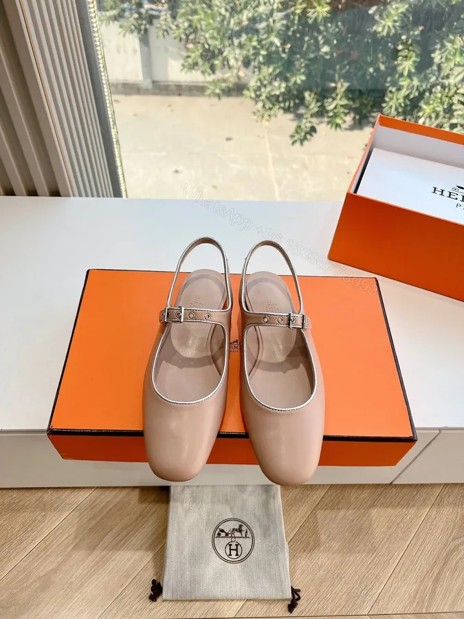 View 1 of Hermes Women Beige Leather Mary Jane Flats