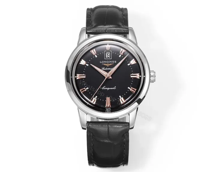 View 1 of Longines Conquest Classic Re Edition Cyclops Watch Black Dial with Gold Markers 40mm Stainless Steel Case Italian Leather Strap
