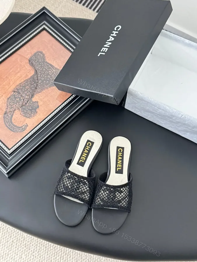 View 1 of Chanel Women Black Mesh Slide Sandals