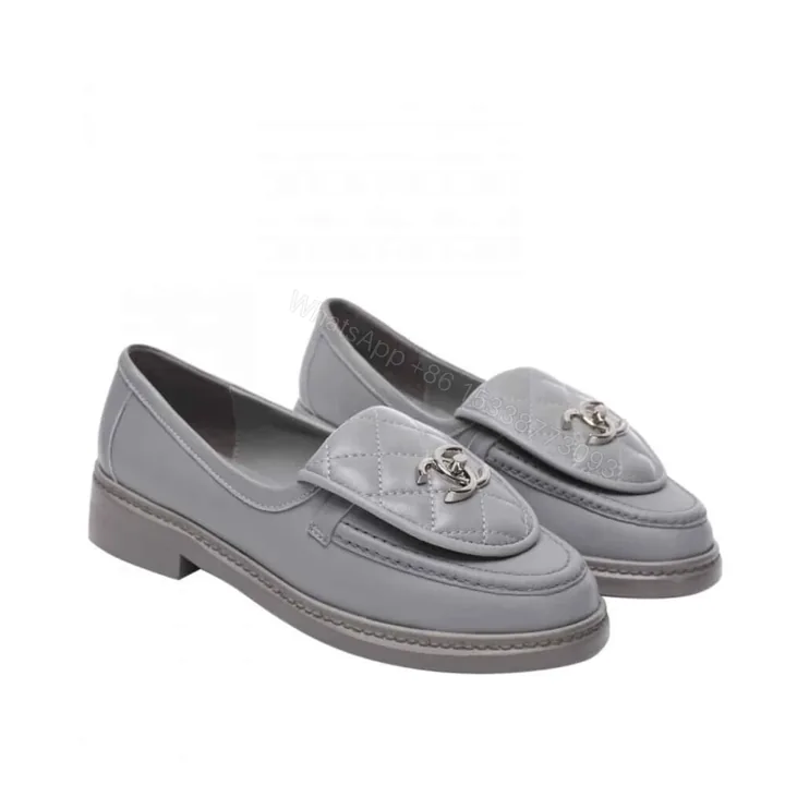 View 1 of Chanel CC Nib Turnlock Moccasins Flat Loafers Grey