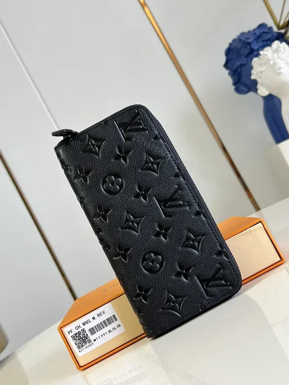 View 1 of Black Leather Monogram Compact Wallet â€“ Luxe, Slim, Top-Zip