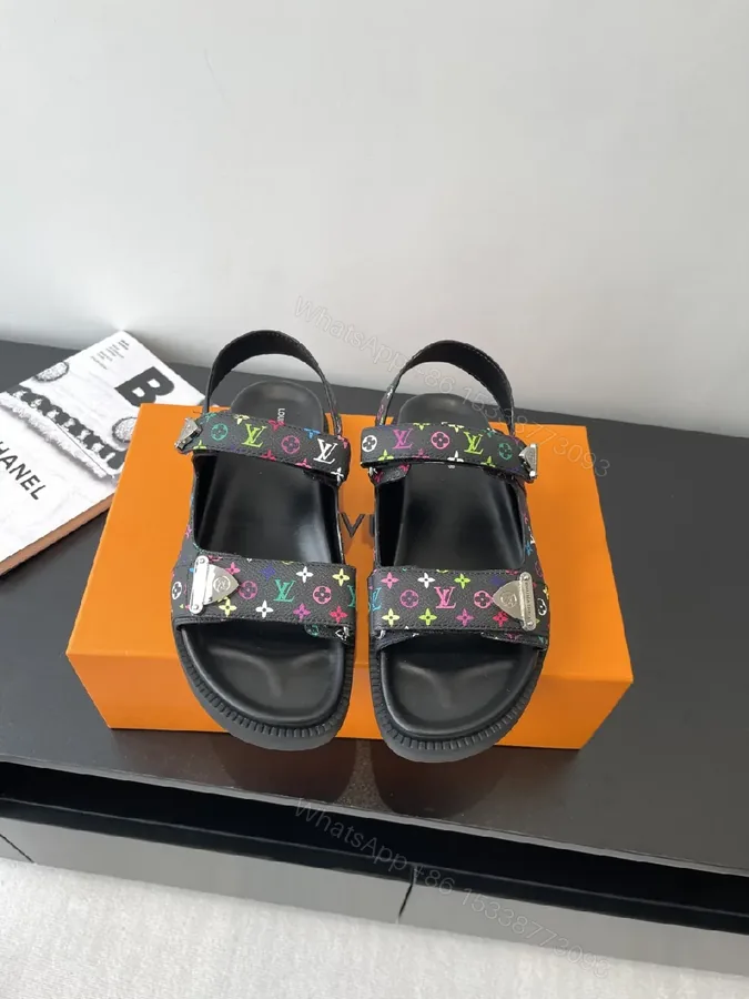 View 1 of Bold Patterned Strap Sandals with Rainbow Monogram Logo