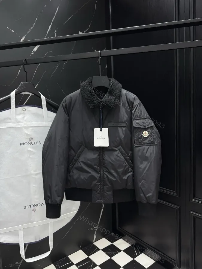 View 1 of Dark Nylon Bomber: Plush Sherpa Collar Jacket with Quilted Shell