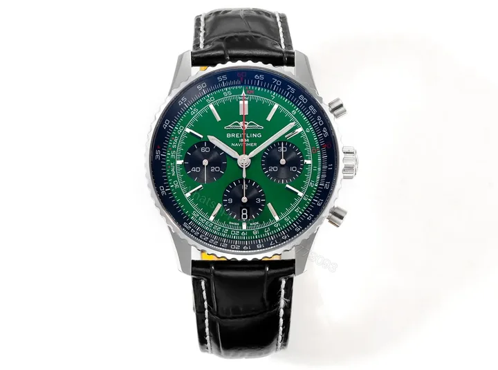 View 1 of Super Clone Breitling Navitimer B01 Green Leather Strap 43MM Premium AB0138241L1P1