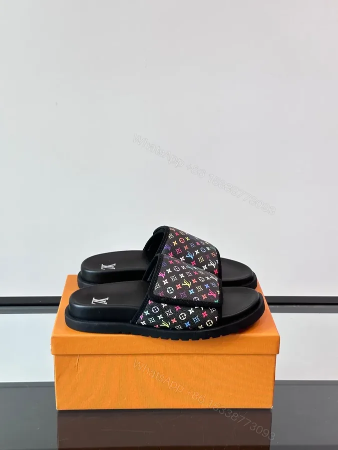 View 1 of LV Men Black Canvas Multicolor Print Slides